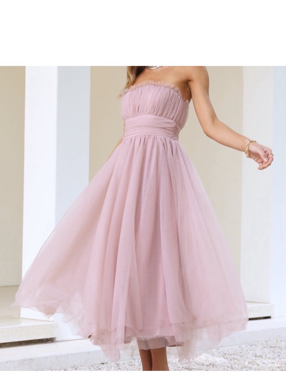 Hello Molly Strapless Dusty Pink Tulle Midi Dress